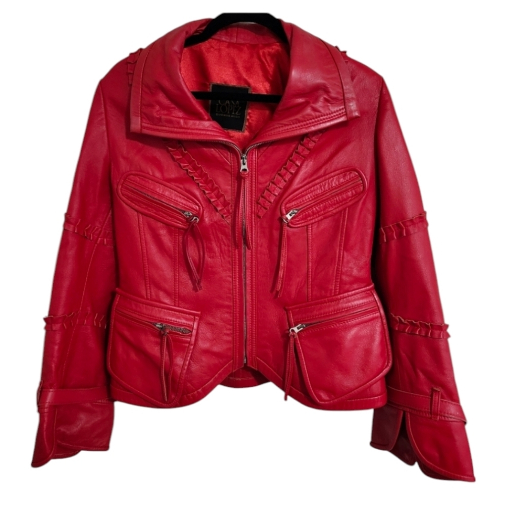 Vintage Luxury Casa Lopez Argentina Red Leather Ruffle Trim Moto Jacket L